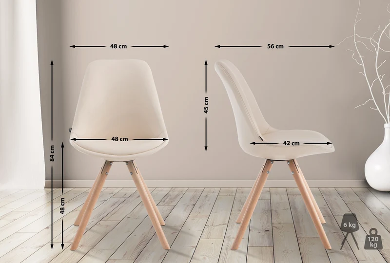 Chaise de cuisine salle à manger scandinave assise en PVC crème 4 pieds en bois forme rond 10_0008303