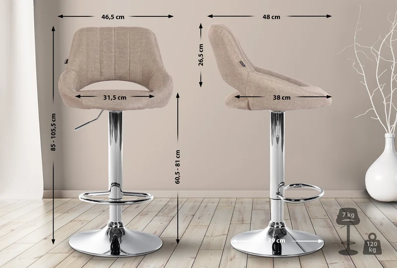 Tabouret de bar x1 réglable en hauteur en tissu taupe dossier ajouré et pied métal chromé 10_0005726