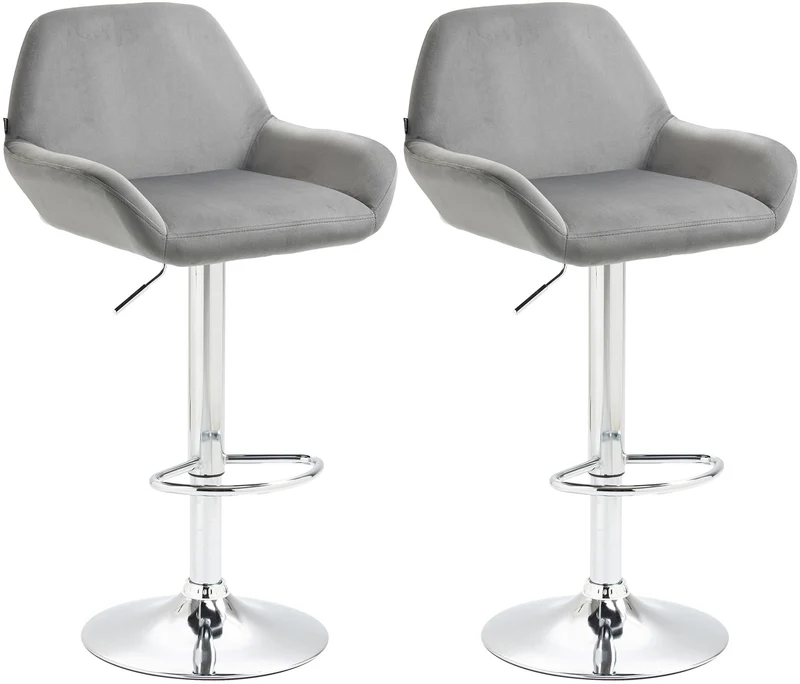 Lot de 2 tabourets de bar repose-pieds en forme d'arc en métal chromé assise en velours gris 10_0004033