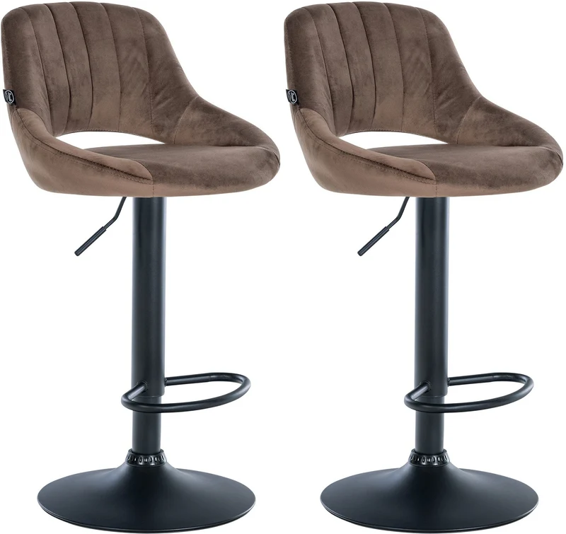 Lot de 2 tabourets de bar réglables en velours marron dossier ajouré et pied métal noir 10_0005583