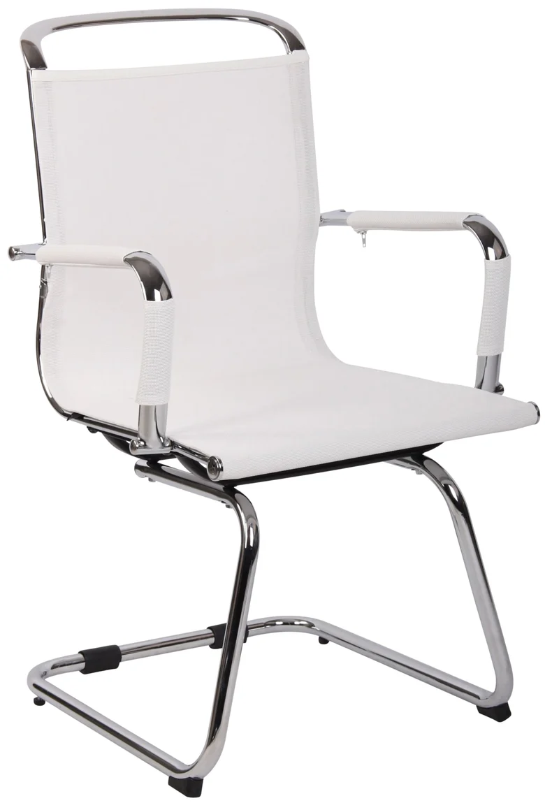 Chaise visiteur en tissu mesh blanc respirant avec accoudoirs et piètement luge métal chromé 10_0008433