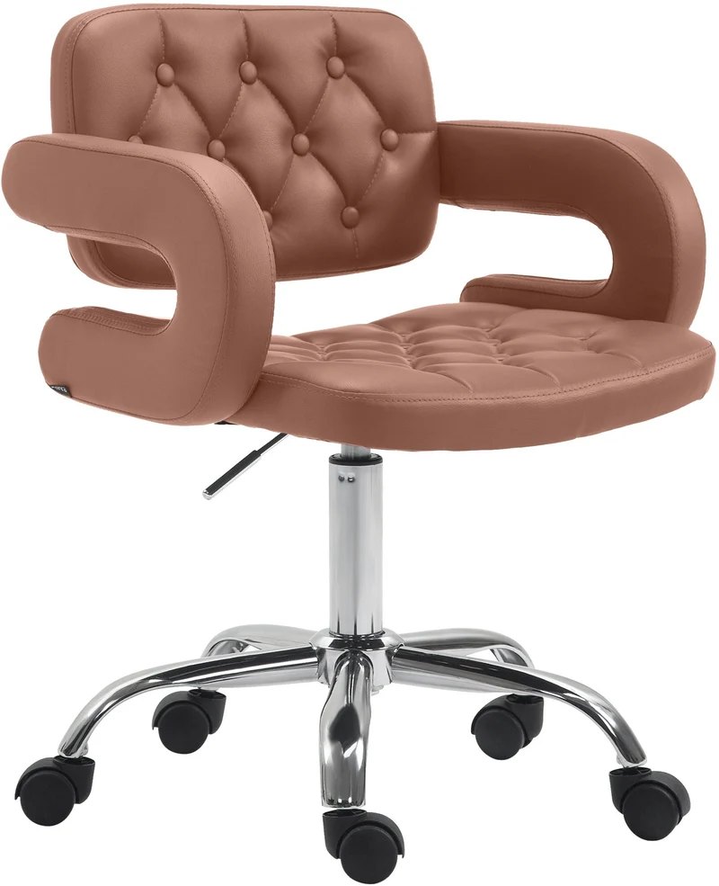 Tabouret de travail pivotant réglable en hauteur en similicuir marron marron clair matelassé avec accoudoirs et roulettes 10_0007056