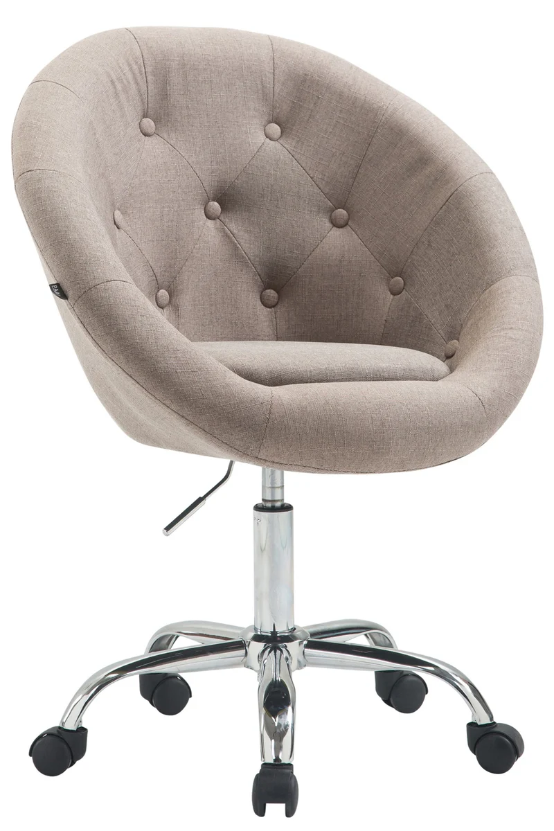 Chaise pivotante capitonnée sur roulettes réglable en hauteur en tissu taupe avec dossier arrondi 10_0008661