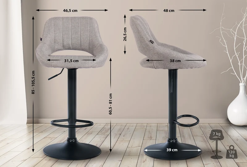 Lot de 2 tabourets de bar réglables en tissu gris dossier ajouré et pied métal noir 10_0006337