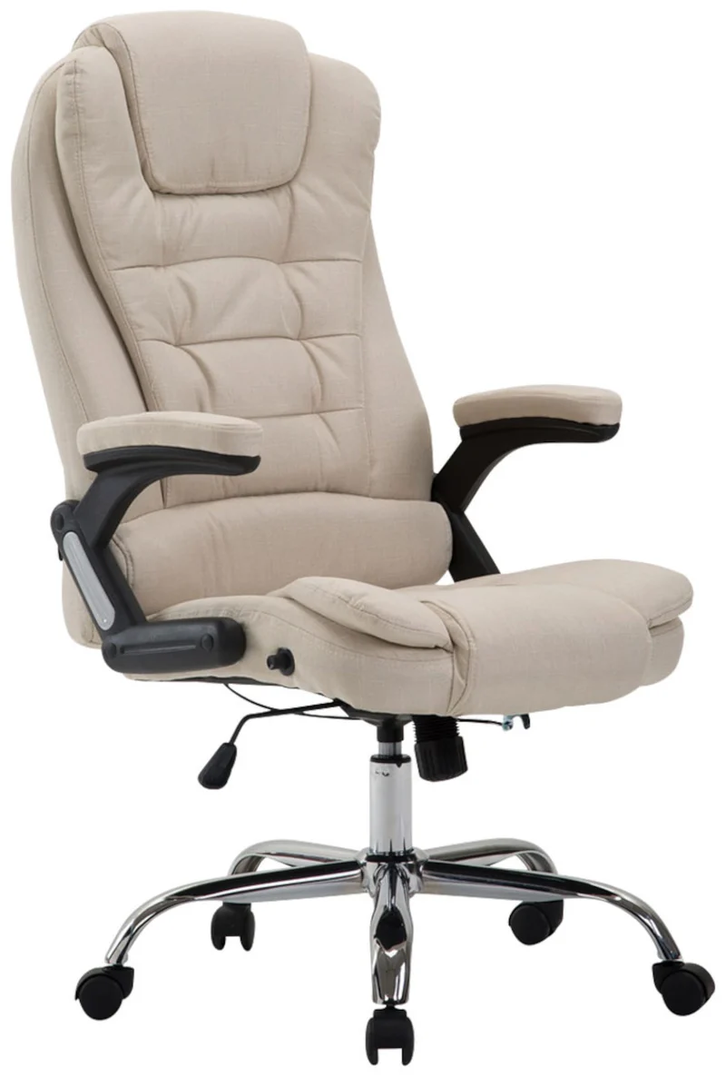 Fauteuil de bureau XXL sur roulettes confortablement rembourrés avec accoudoirs en tissu crème et métal chromé 10_0002663