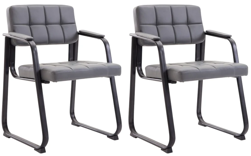 Lot de 2 chaises de bureau visiteur avec accoudoirs assise en PVC gris cadre métal noir 10_0003109
