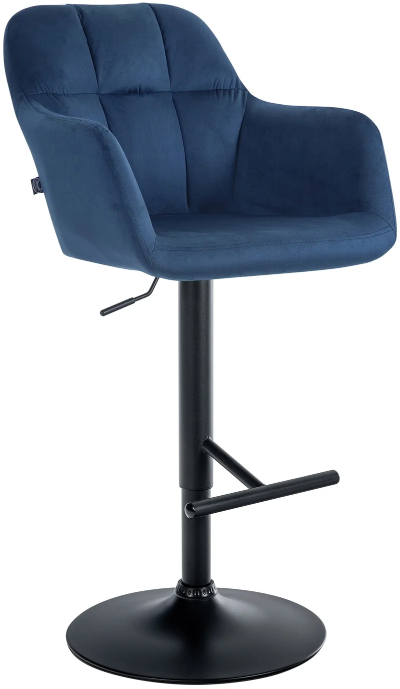Tabouret de bar chaise haute x1 fonction rotation 360° en velours bleu avec coutures décoratives piètement métal noir 10_0005269