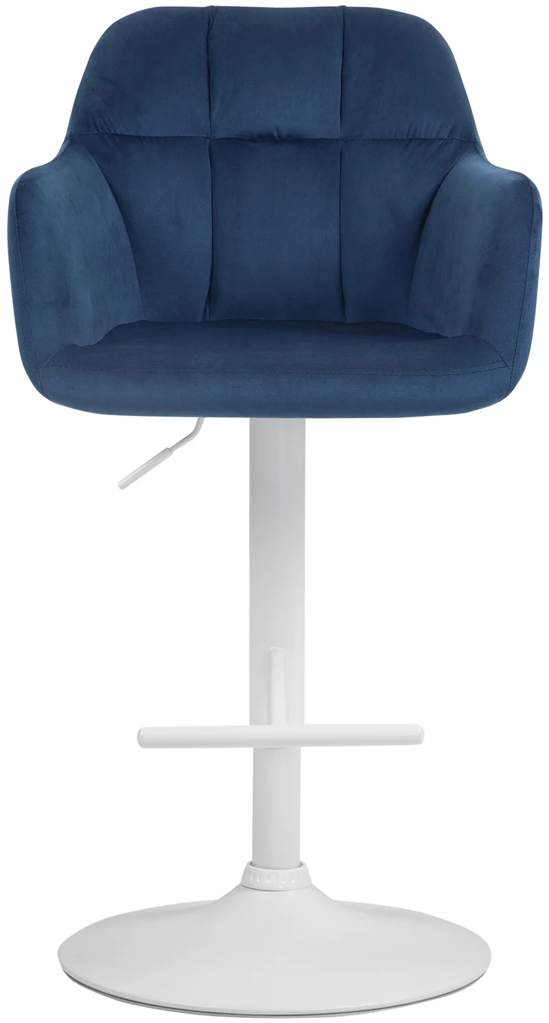 Tabouret de bar chaise haute x1 fonction rotation 360° en velours bleu avec coutures décoratives piètement métal blanc 10_0006549