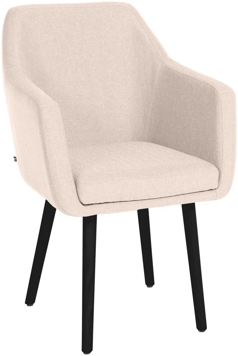 Chaise visiteur en tissu beige avec dossier enveloppant et accoudoirs – Piètement bois foncé 4 pieds 10_0008512