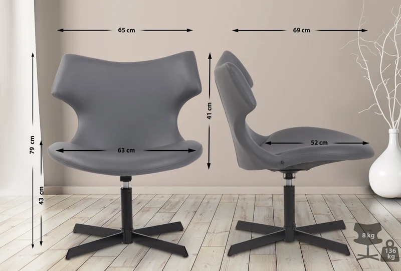 Fauteuil lounge pivotant 360° à dossier enveloppant similicuir gris avec base étoilée en métal 10_0008229