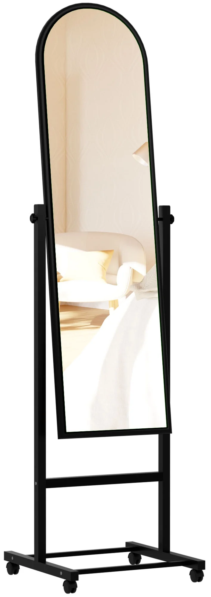 Miroir sur pied pleine longueur pivotant – Cadre métal noir – Avec roulettes 10_0008638