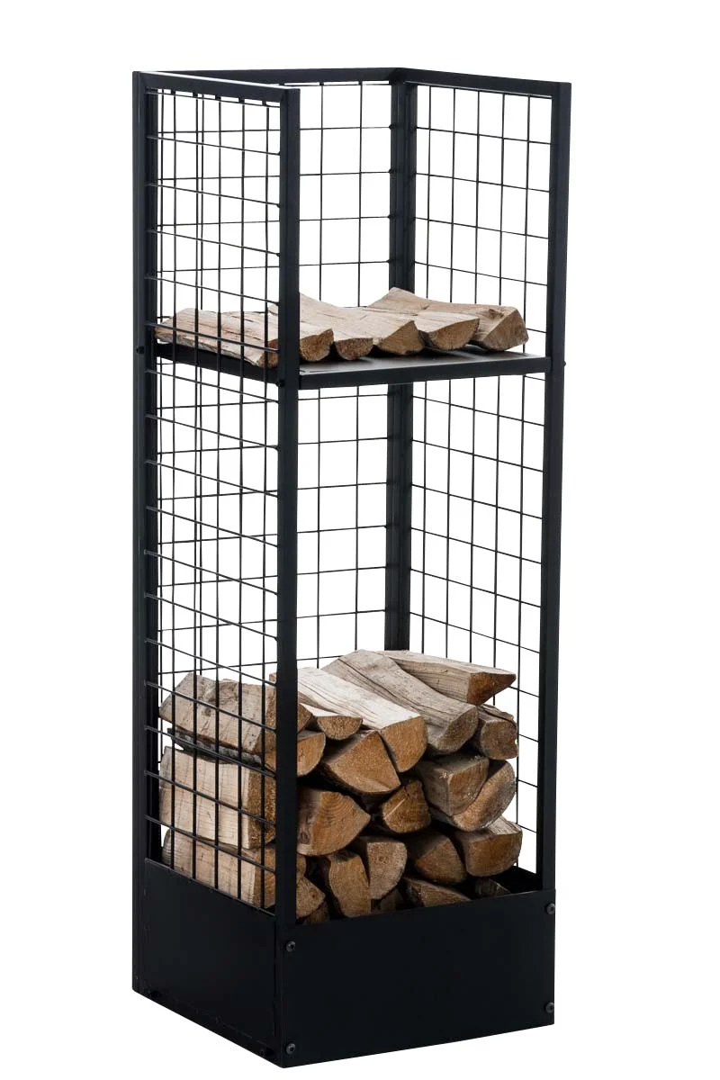Range-bûches vertical 40x40x120 en métal noir avec tablette – Rangement bois de chauffage design 10_0009030