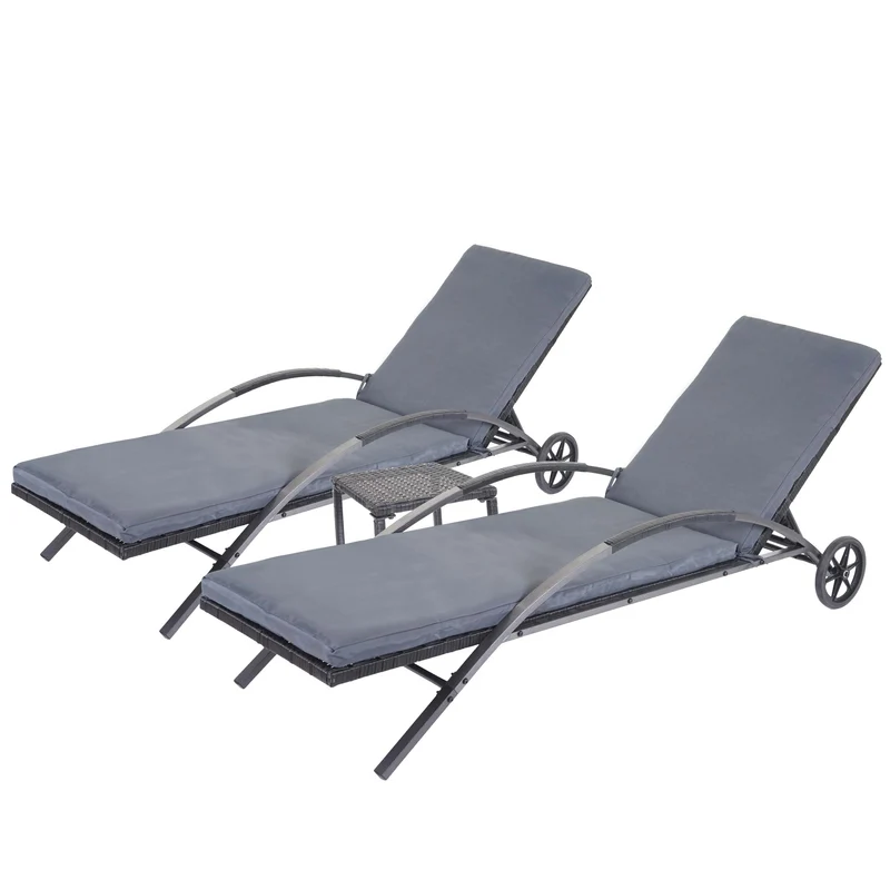 Ensemble de 2 chaises longues de jardin transat bain de soleil avec petite table en polyrotin noir coussin gris foncé 04_0002962