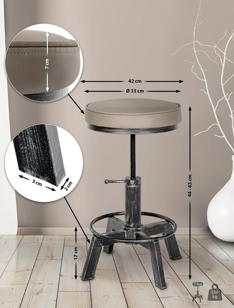 Tabouret industriel réglable en hauteur – assise ronde rembourrée et piètement métal argenté 10_0008564