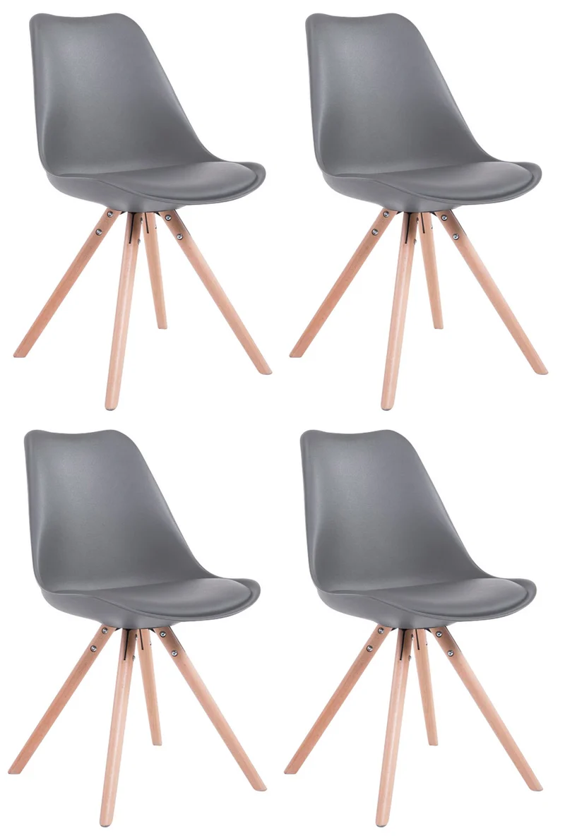 Lot de 4 chaises de salle à manger design scandinave en plastique et PVC gris et pieds en bois clair forme rond 10_0008574