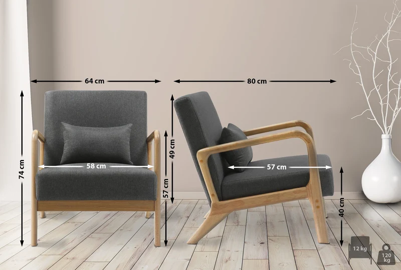Fauteuil design scandinave en bois clair avec coussins rembourrés gris– Confort naturel 10_0008244