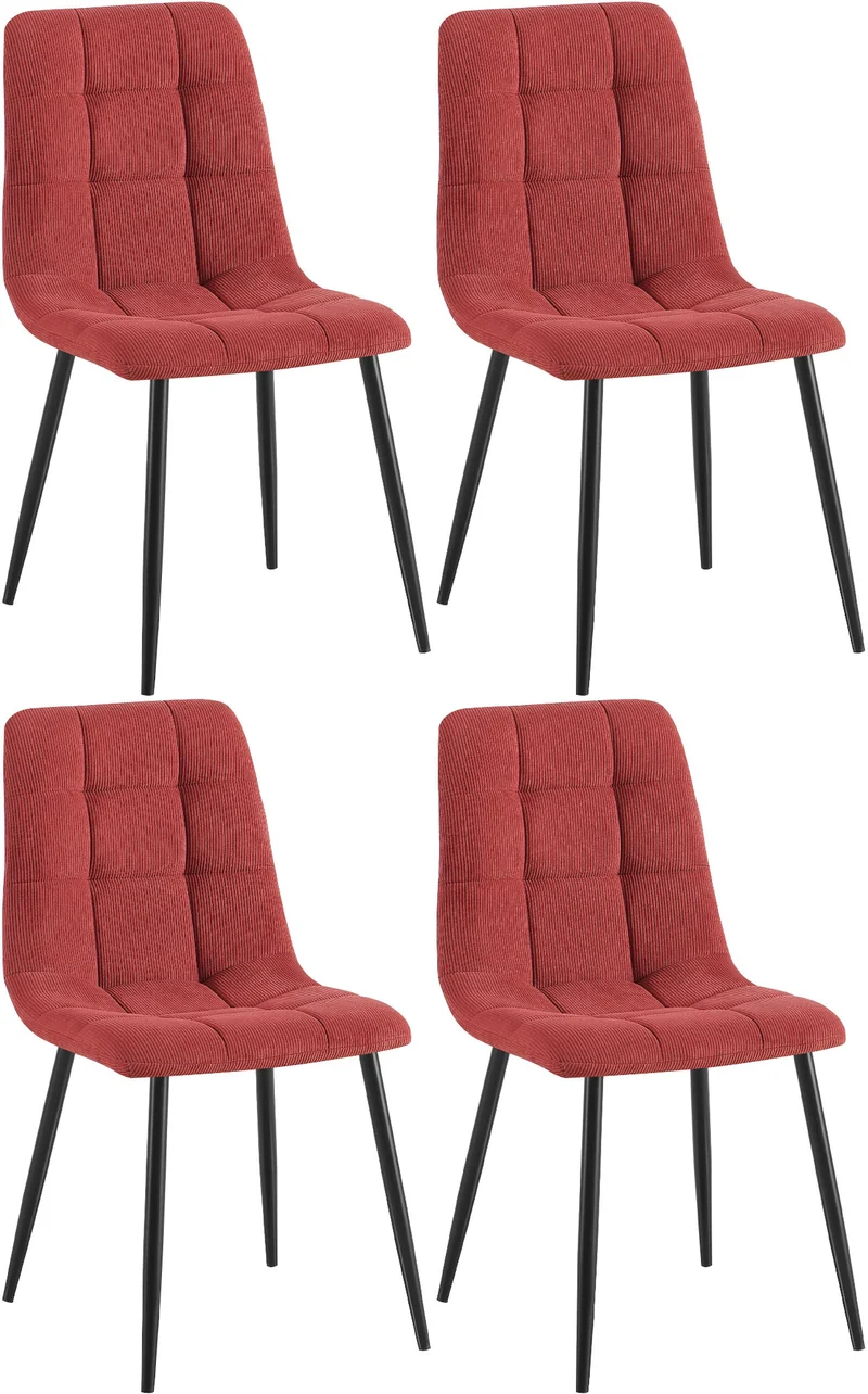 Lot de 4 chaises de salle à manger design en velours côtelé bordeaux à coutures carrées – Pieds métal noirs 10_0007754