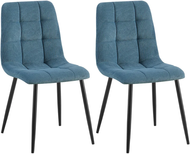 Lot de 2 chaises de salle à manger design en velours côtelé bleu à coutures carrées – Pieds métal noirs 10_0007670