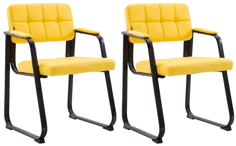 Lot de 2 chaises de bureau visiteur avec accoudoirs siège en PVC jaune et cadre en métal noir 10_0008414