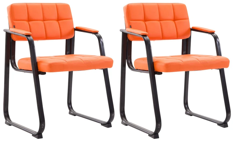 Lot de 2 chaises de bureau visiteur avec accoudoirs siège en PVC orange et cadre en métal noir 10_0008344