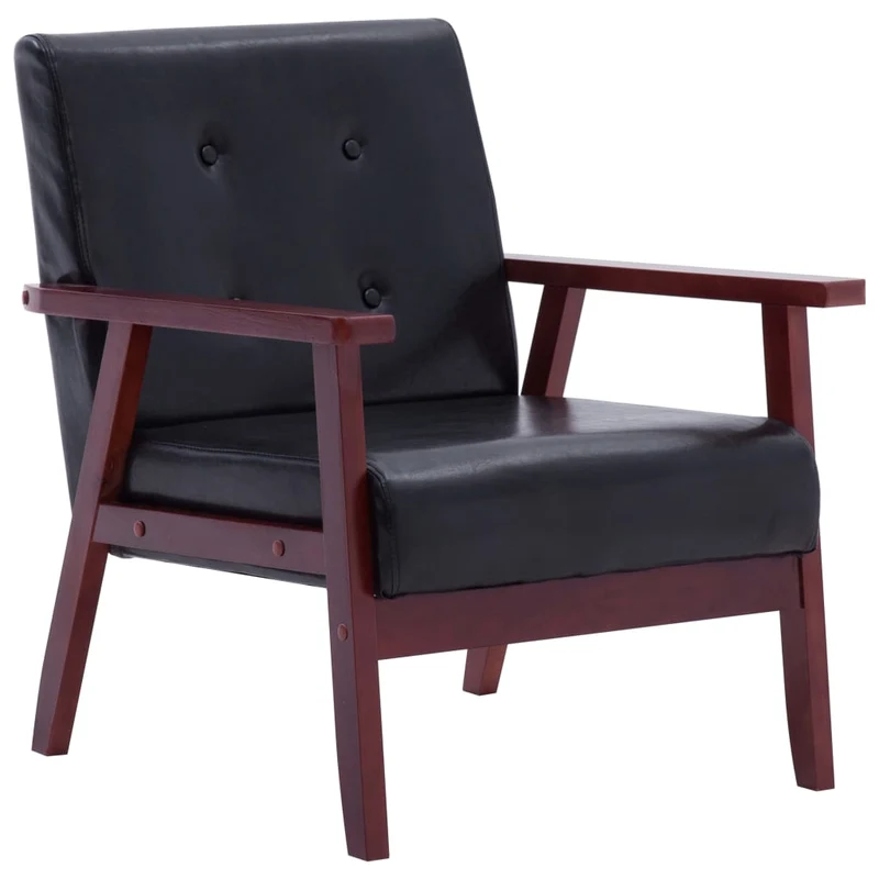 Fauteuil lounge design rétro et moderne dossier capitonné en PVC noir cadre en bois DEC028656