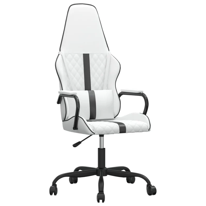 Fauteuil de bureau chaise gaming sur roulettes avec coussin lombaire en PVC blanc et noir DEC025817