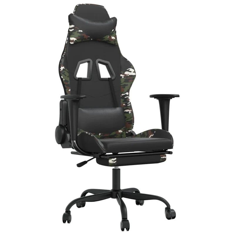 Fauteuil de bureau chaise gaming sur roulettes avec repose-pied noir et camouflage PVC vert DEC025763