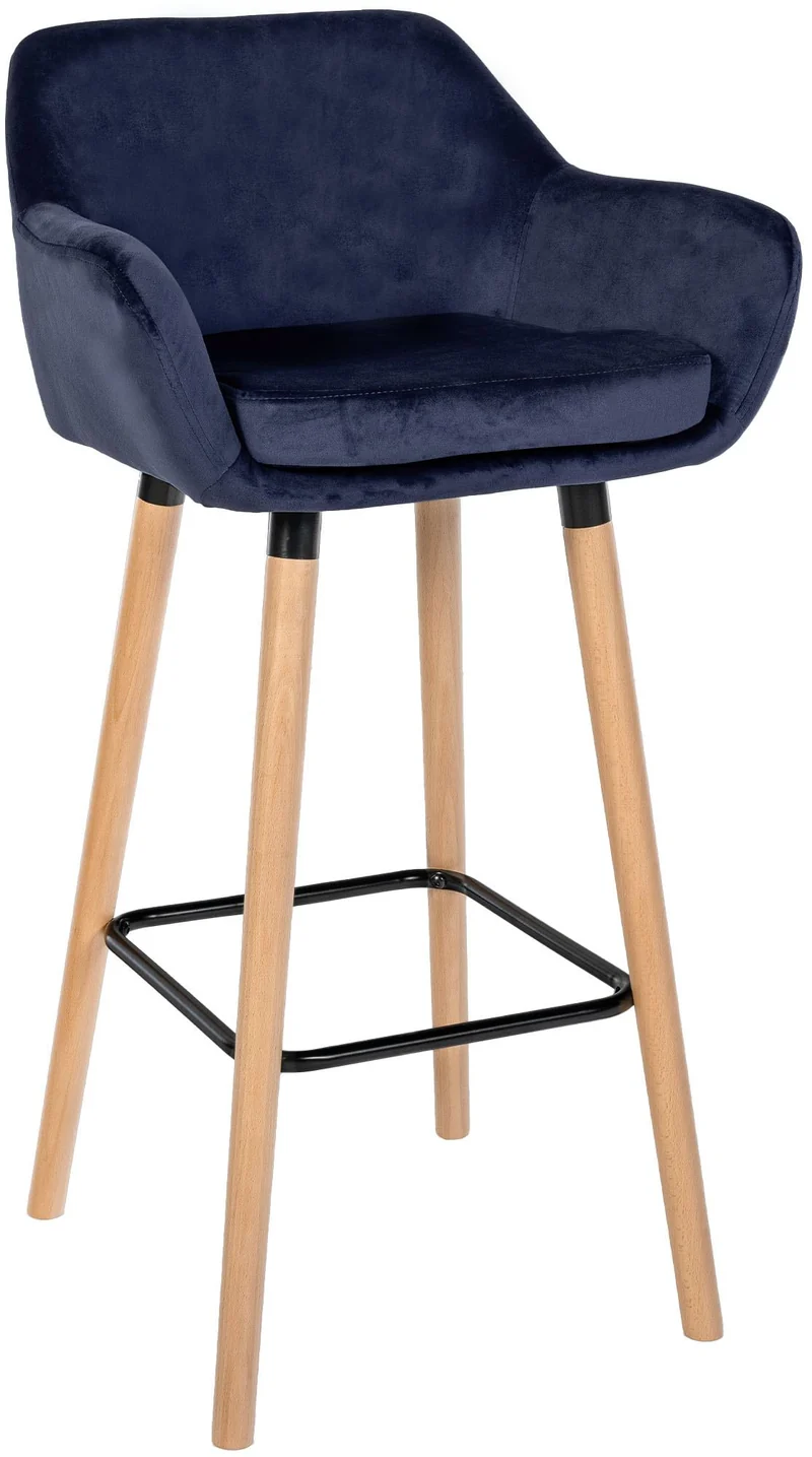 Tabouret de bar lounge x1 design scandinave assise en tissu bleu foncé pieds en bois repose-pieds en métal 10_0006834