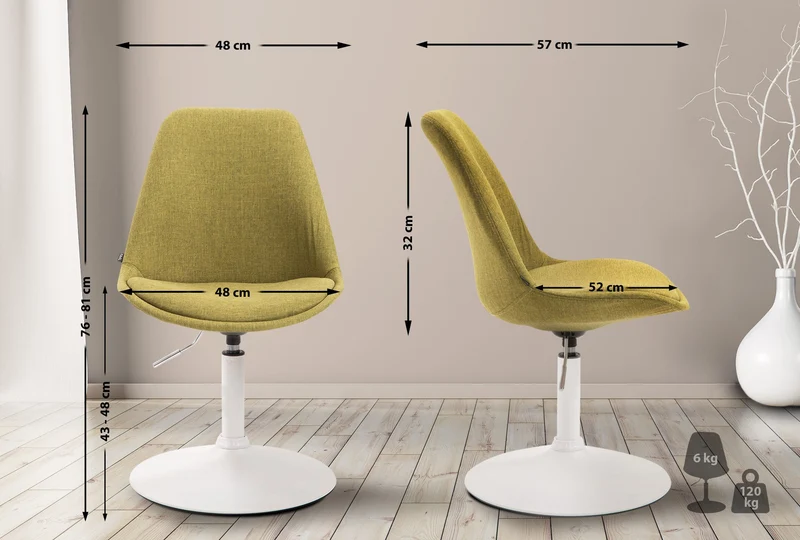 Chaise de salle à manger x1 pivotante hauteur réglable en tissu vert et pied trompette en métal blanc 10_0008744