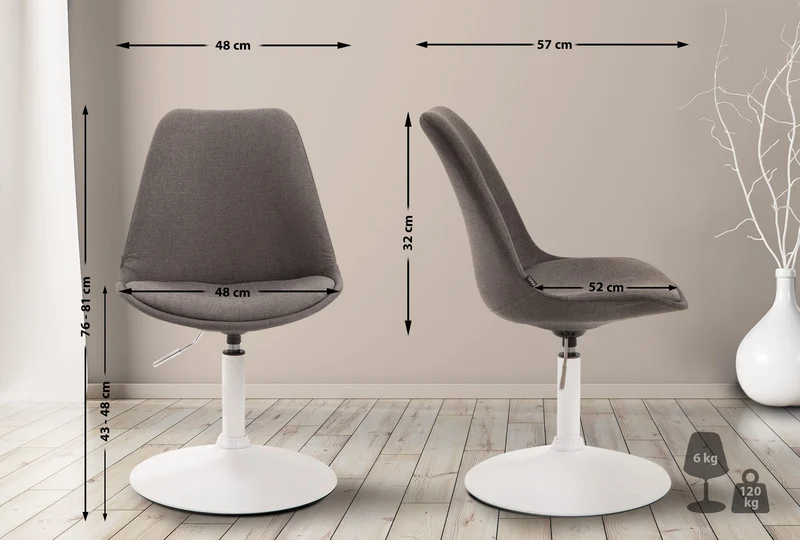 Chaise de salle à manger x1 pivotante hauteur réglable en tissu gris foncé et pied trompette en métal blanc 10_0008278