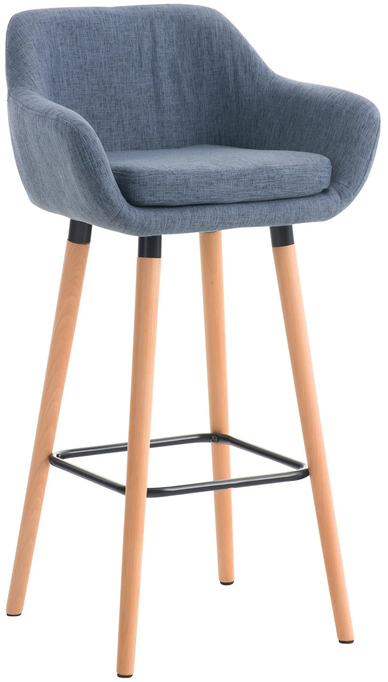Tabouret de bar lounge x1 design scandinave assise en tissu bleu pieds en bois repose-pieds en métal 10_0004920