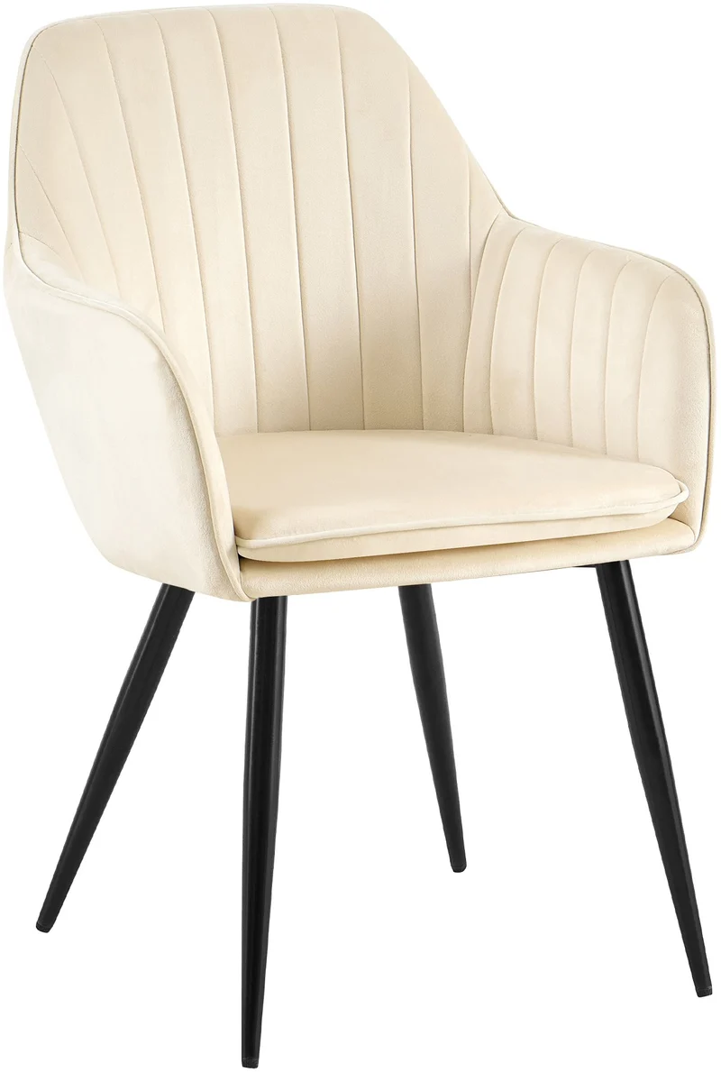 Fauteuil élégant en velours crème avec coutures verticales et pieds métal noir 10_0007697