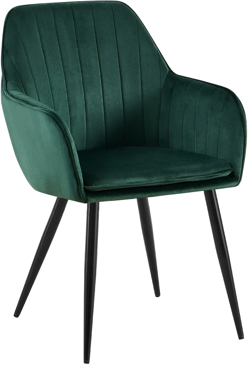 Fauteuil élégant en velours vert avec coutures verticales et pieds métal noir 10_0007627