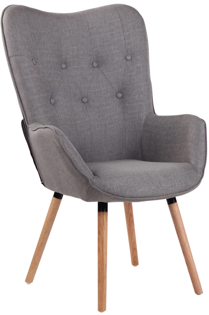 Fauteuil en tissu gris clair capitonné avec accoudoirs et pieds en bois naturel 10_0008225