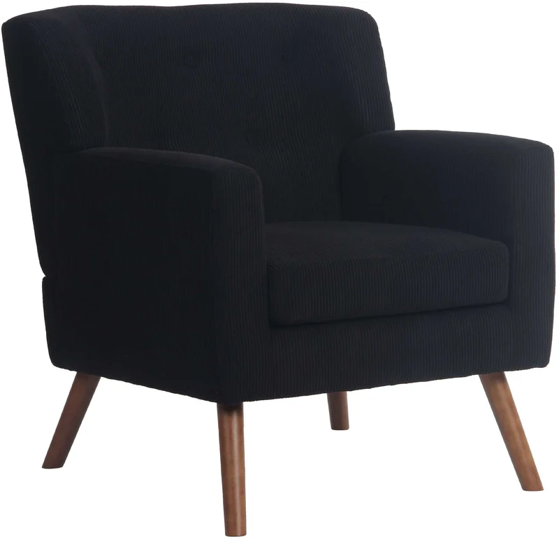 Fauteuil élégant en velours côtelé noir avec dossier à boutons capitonnés pieds en bois 10_0008237