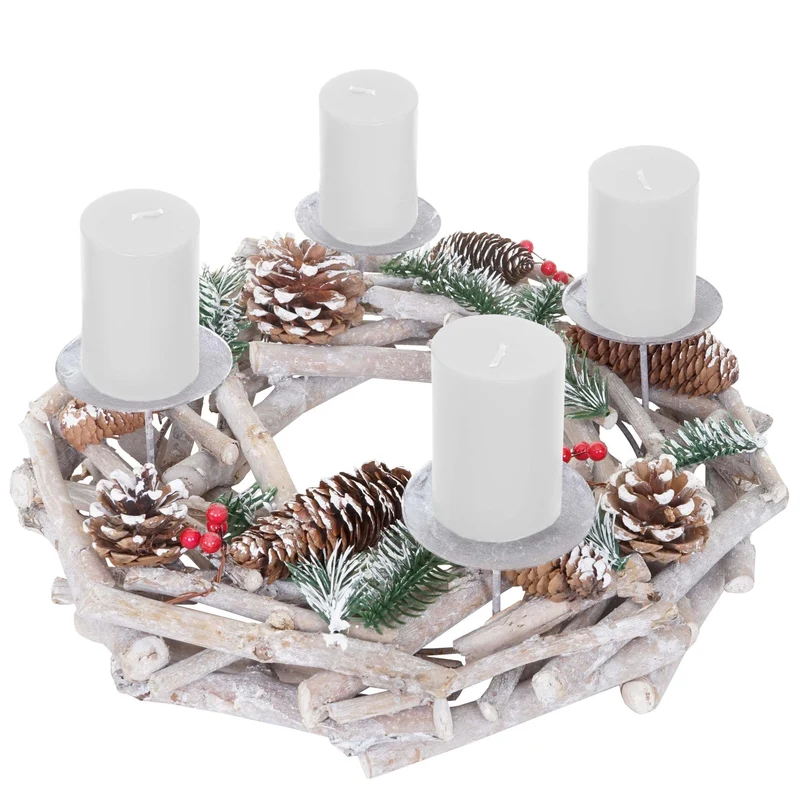 Couronne de l'Avent ronde décoration de table Noël en bois Ø 35cm blanc-gris avec bougies blanc 04_0002565