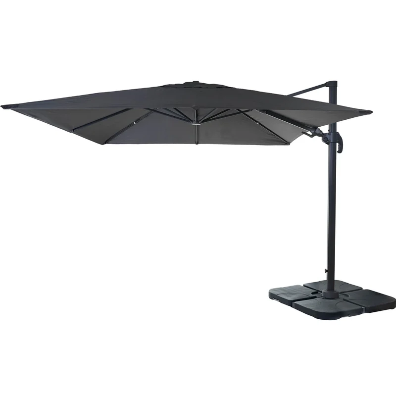 Parasol professionnel restaurant pour jardin terrasse 3x3m (Ø4,24m) pivotant, polyester aluminium/acier 23kg anthracite avec pied, rotatif 04_0003444