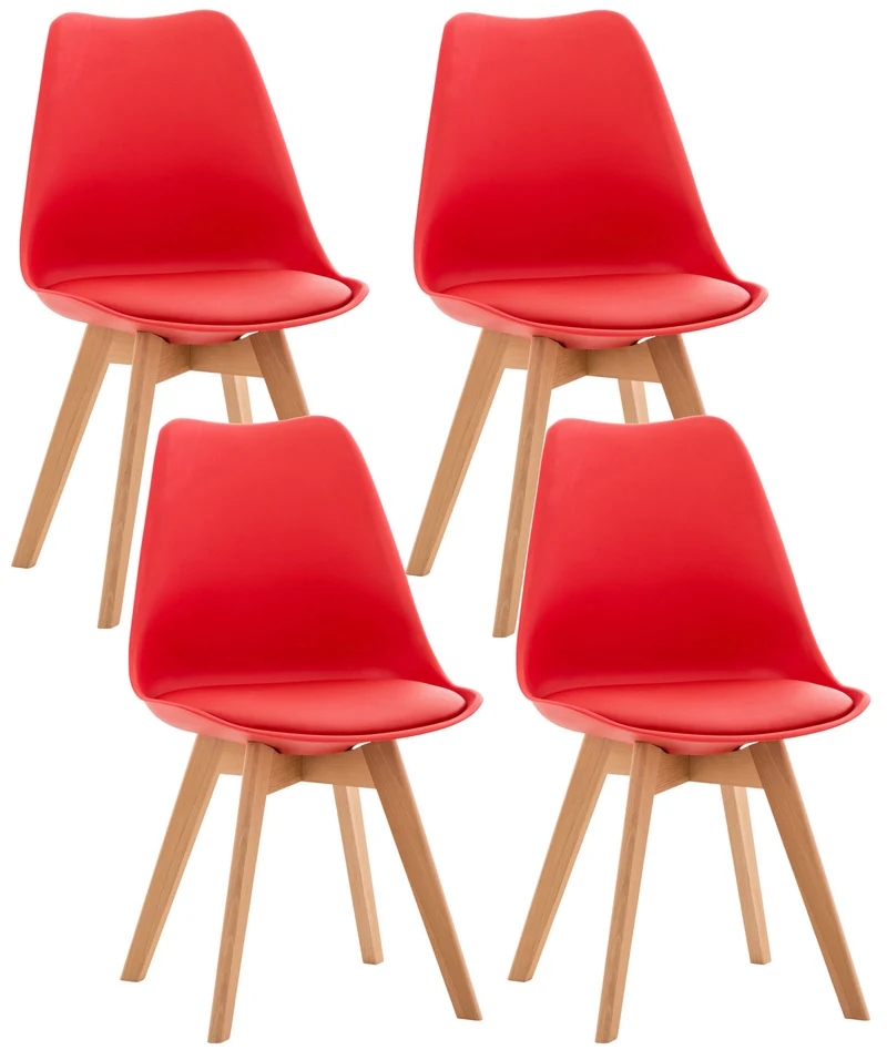 Lot de 4 chaises de salle à manger cuisine ou bureau en plastique et synthétique rouge pieds en bois 10_0000968