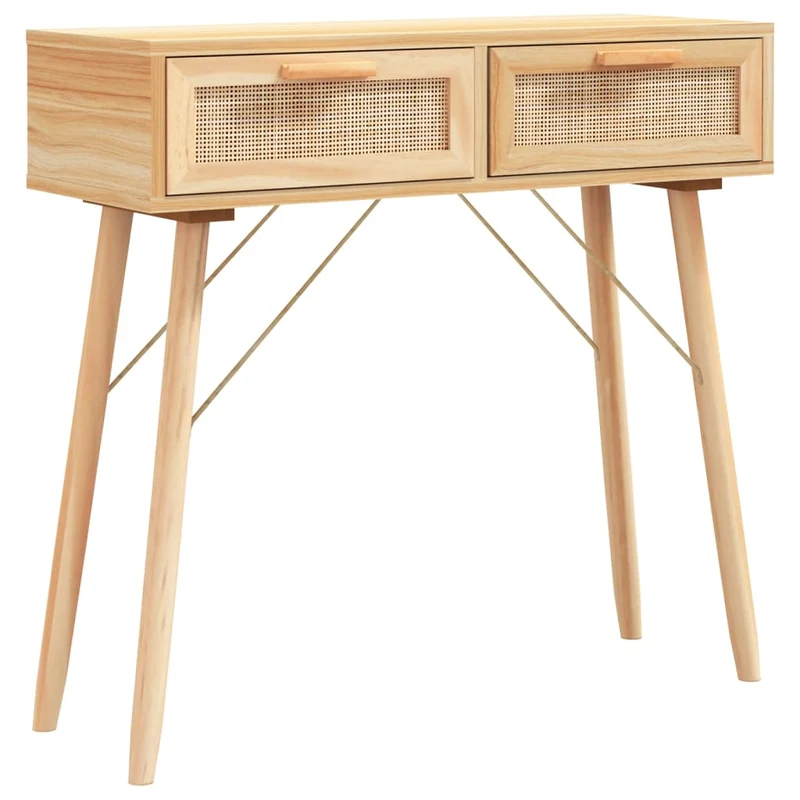 Table console d'entrée fonctionnel et stylé avec tiroirs de rangement 80 x 30 x 75 cm bois de pin et rotin naturel DEC032040