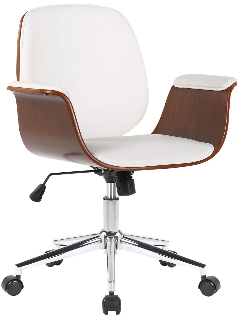 Fauteuil de bureau moderne et confortable accoudoirs incurvés hauteur réglable en synthétique blanc bois et métal BUR10556