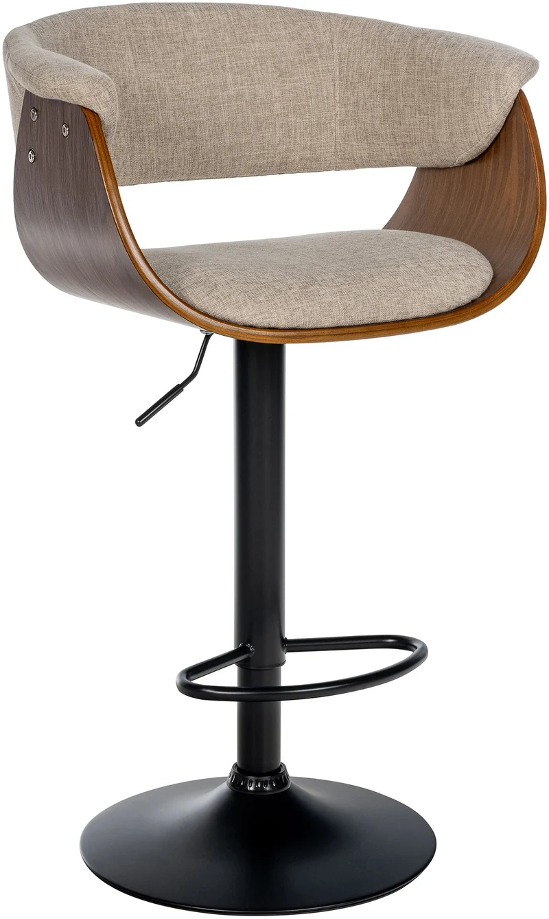 Tabouret de bar design moderne siège réglable en hauteur et pivotant en tissu crème coque en bois et métal noir 10_0005455