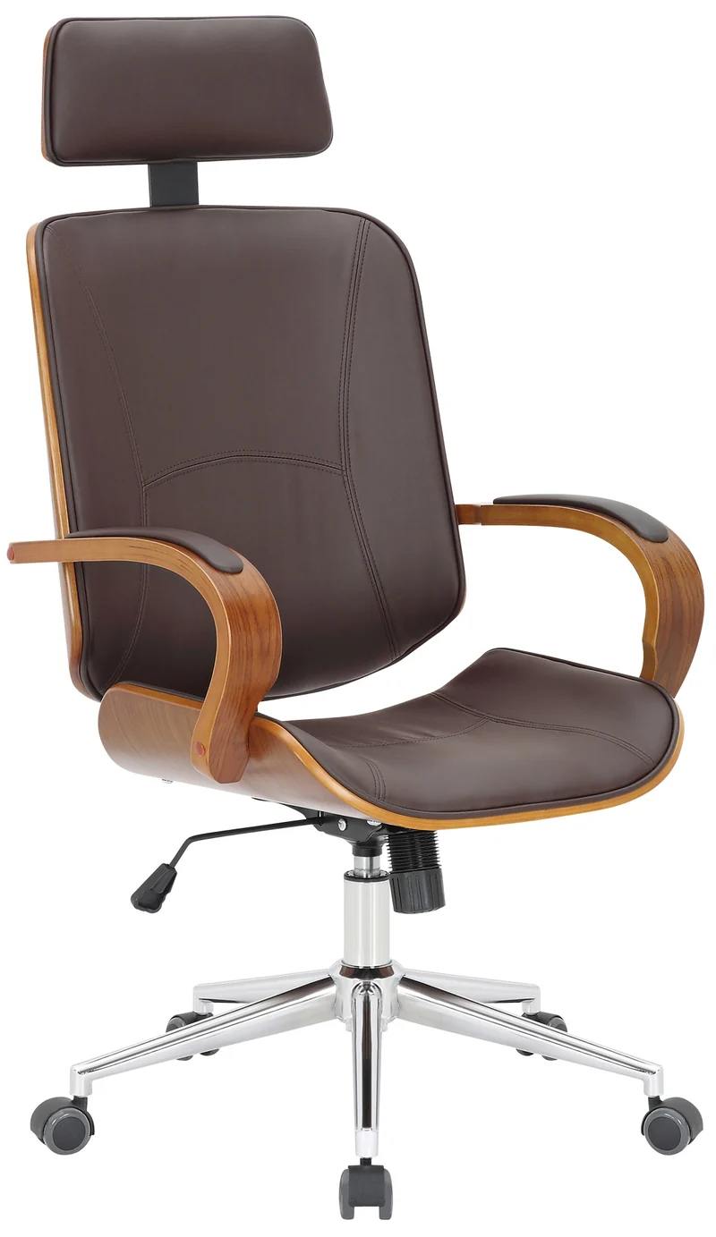 Chaise de bureau dossier et l'appuie-tête en métal PVC marron et cadre en bois noyer 10_0002450