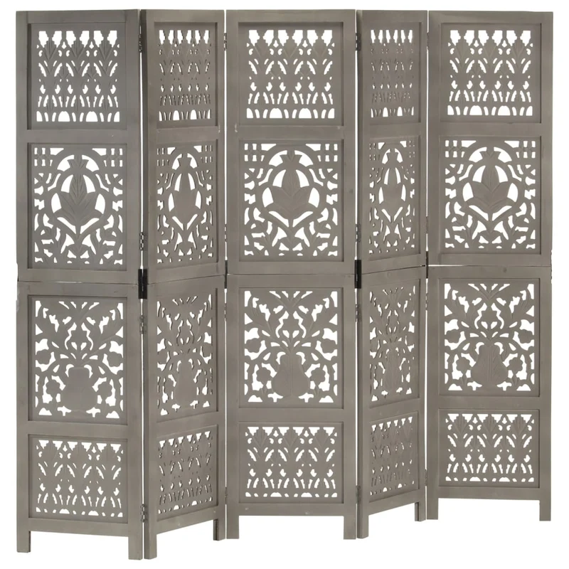 Paravent séparateur de pièce cloison 5 panneaux motifs sculptés à la main 200 x 165 cm bois et MDF manguier gris DEC030970