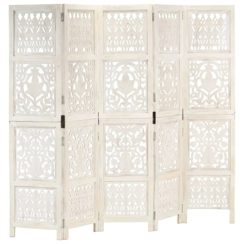 Paravent séparateur de pièce cloison 5 panneaux 200 x 165 cm MDF et bois manguier blanc DEC030941