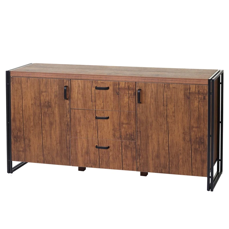 Buffet avec deux compartiments de rangement 3 tiroirs 80x160x40 cm MDF aspect chêne et métal 04_0005983