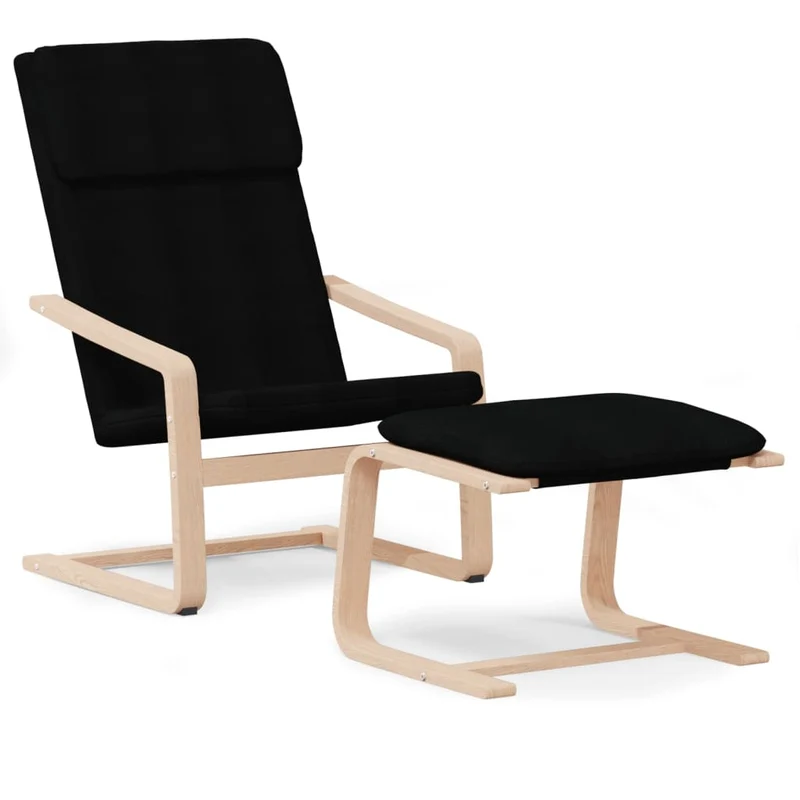 Fauteuil lounge chaise de canapé design moderne avec repose-pied en tissu noir et bois DEC026538