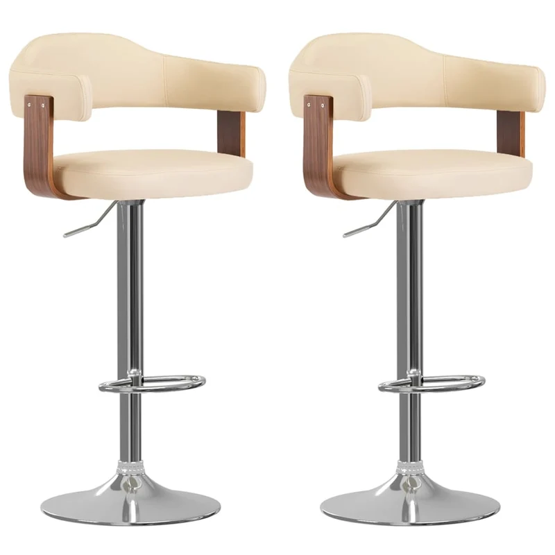Lot de 2 tabourets de bar chaises hautes rétro en bois courbé et PVC crème et fer DEC029648