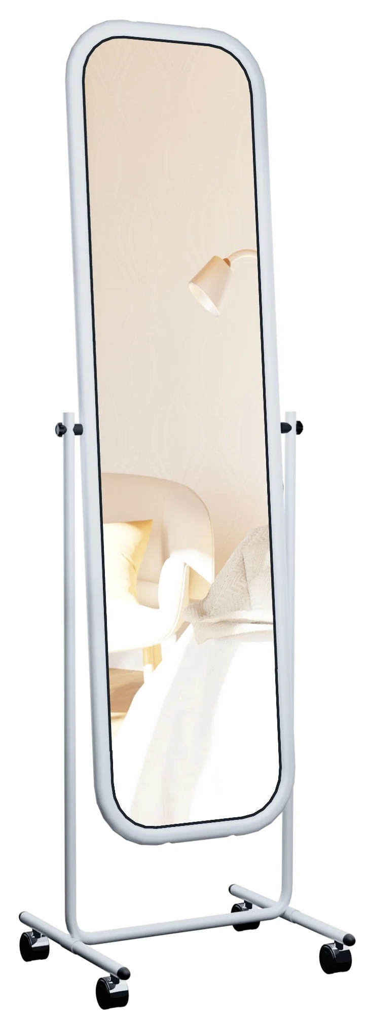 Miroir sur pied rectangulaire à angles arrondis 166 × 48 cm avec roulettes pivotant à 360° cadre métal blanc 10_0008489