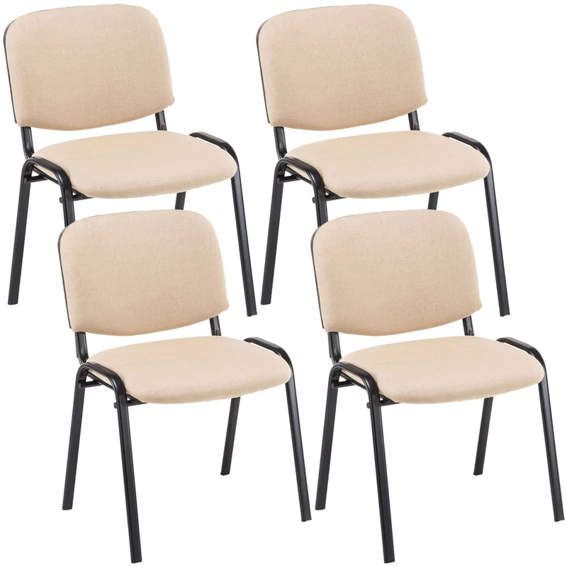 Lot de 4 chaises visiteur empilable zone d'attente en tissu crème piètement à 4 pieds en métal noir 10_0008893