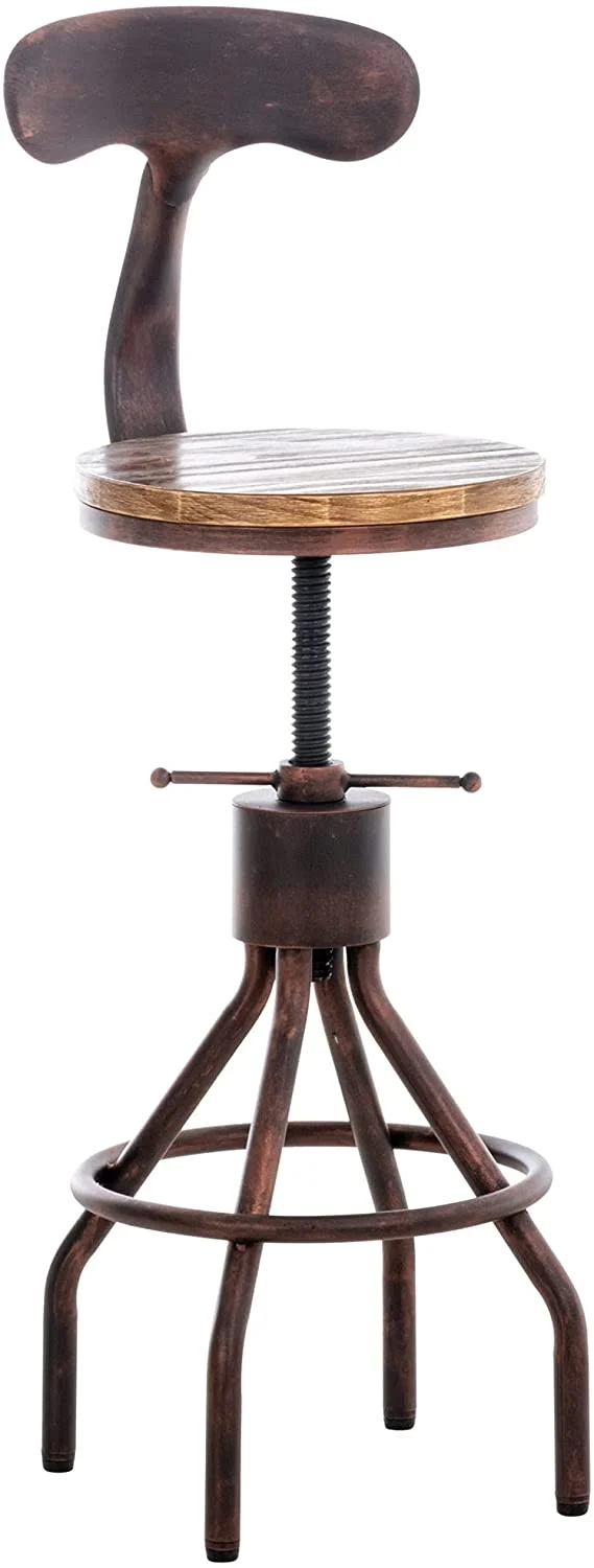 Tabouret de bar chaise haute de comptoir avec dossier design industriel vintage métal bronze et bois TDB10320